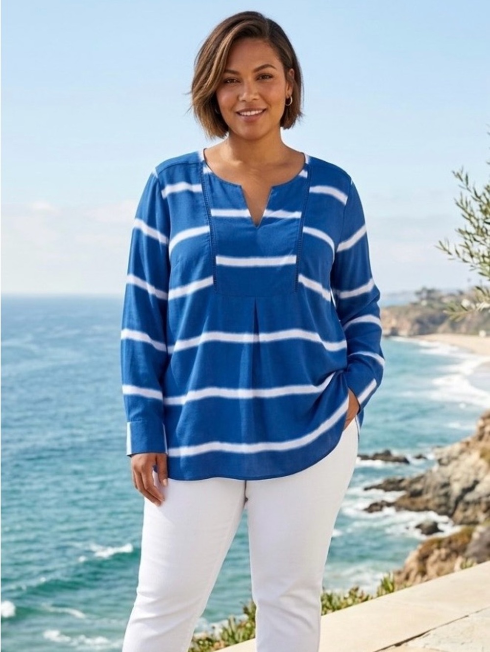 Lane Bryant Blue and White Striped V-Notch Tunic